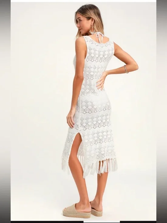 New Lulus Marina Pointe Cream Crochet Tasseled Swim Cover-up Beige - Size S - Picture 4 of 8